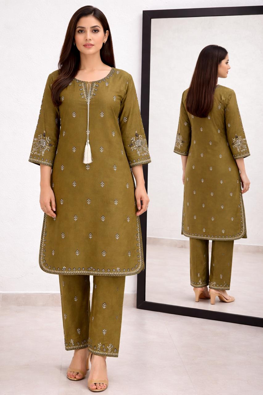 Coral Cotton Embroidered Kurta Set