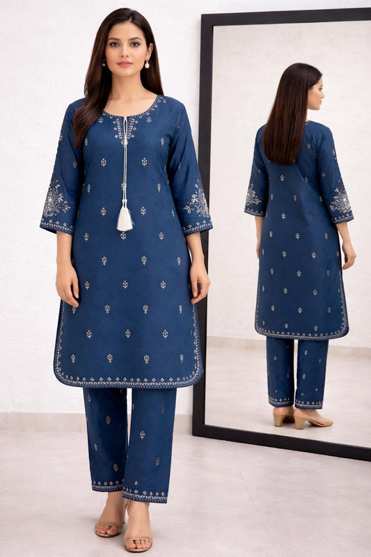 Coral Cotton Embroidered Kurta Set