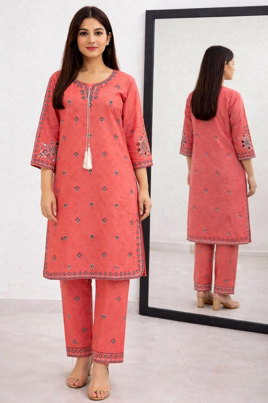 Coral Cotton Embroidered Kurta Set